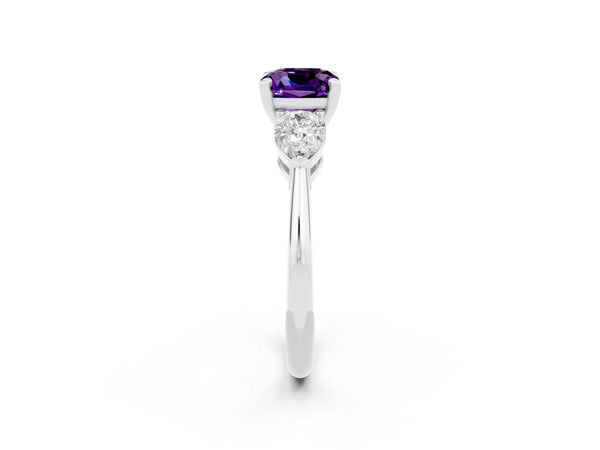 Silver Three-Stone Cushion Cut Amethyst Ring with Pear Side Stones and Four-Prong Setting
