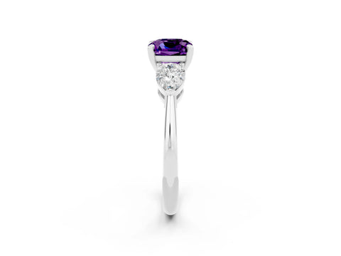 White gold Three-Stone Cushion Cut Amethyst Ring with Pear Side Stones and Four-Prong Setting_2