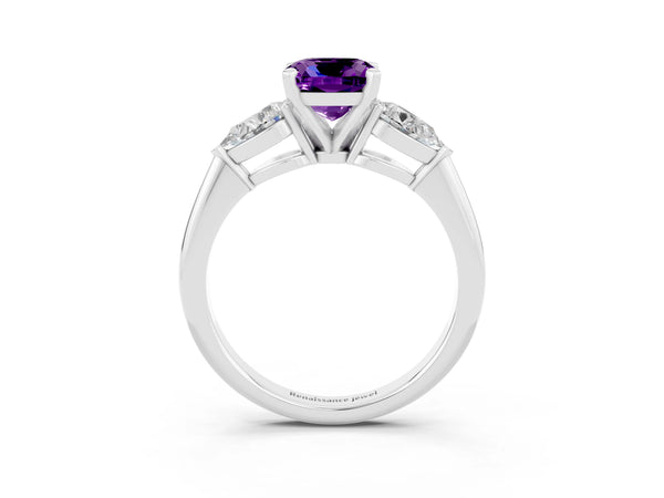 Platinum Three-Stone Cushion Cut Amethyst Ring with Pear Side Stones and Four-Prong Setting