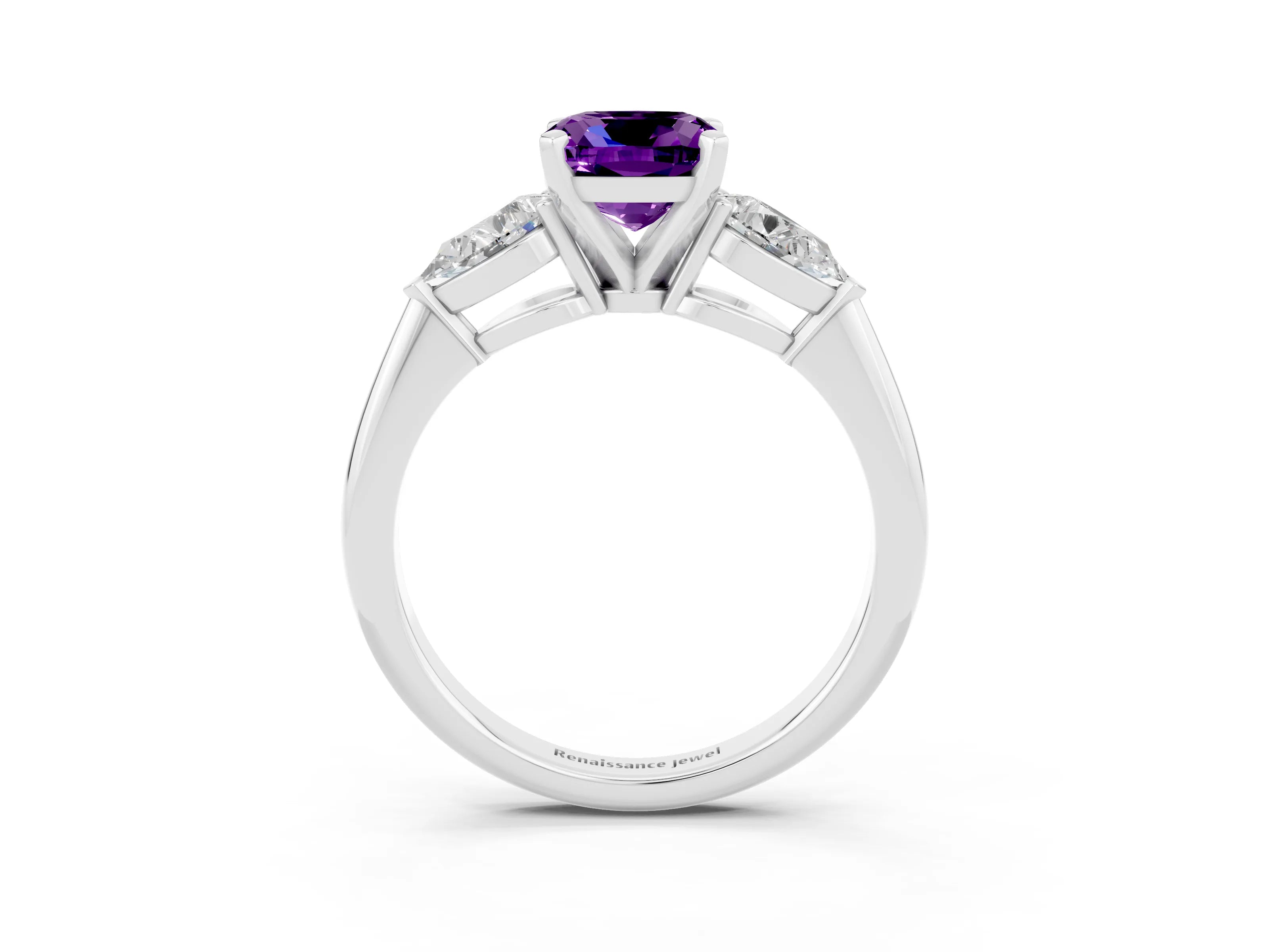 White gold Three-Stone Cushion Cut Amethyst Ring with Pear Side Stones and Four-Prong Setting_3