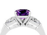 White gold Three-Stone Cushion Cut Amethyst Ring with Pear Side Stones and Four-Prong Setting_4