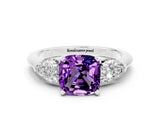 White gold Three-Stone Cushion Cut Amethyst Ring with Pear Side Stones and Four-Prong Setting