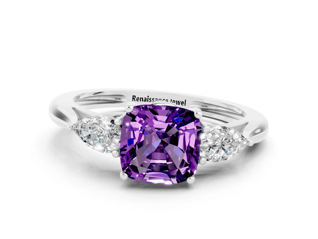 White gold Three-Stone Cushion Cut Amethyst Ring with Pear  Side Stones in Four-Prong Setting_12