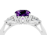 White gold Three-Stone Cushion Cut Amethyst Ring with Pear  Side Stones in Four-Prong Setting_16