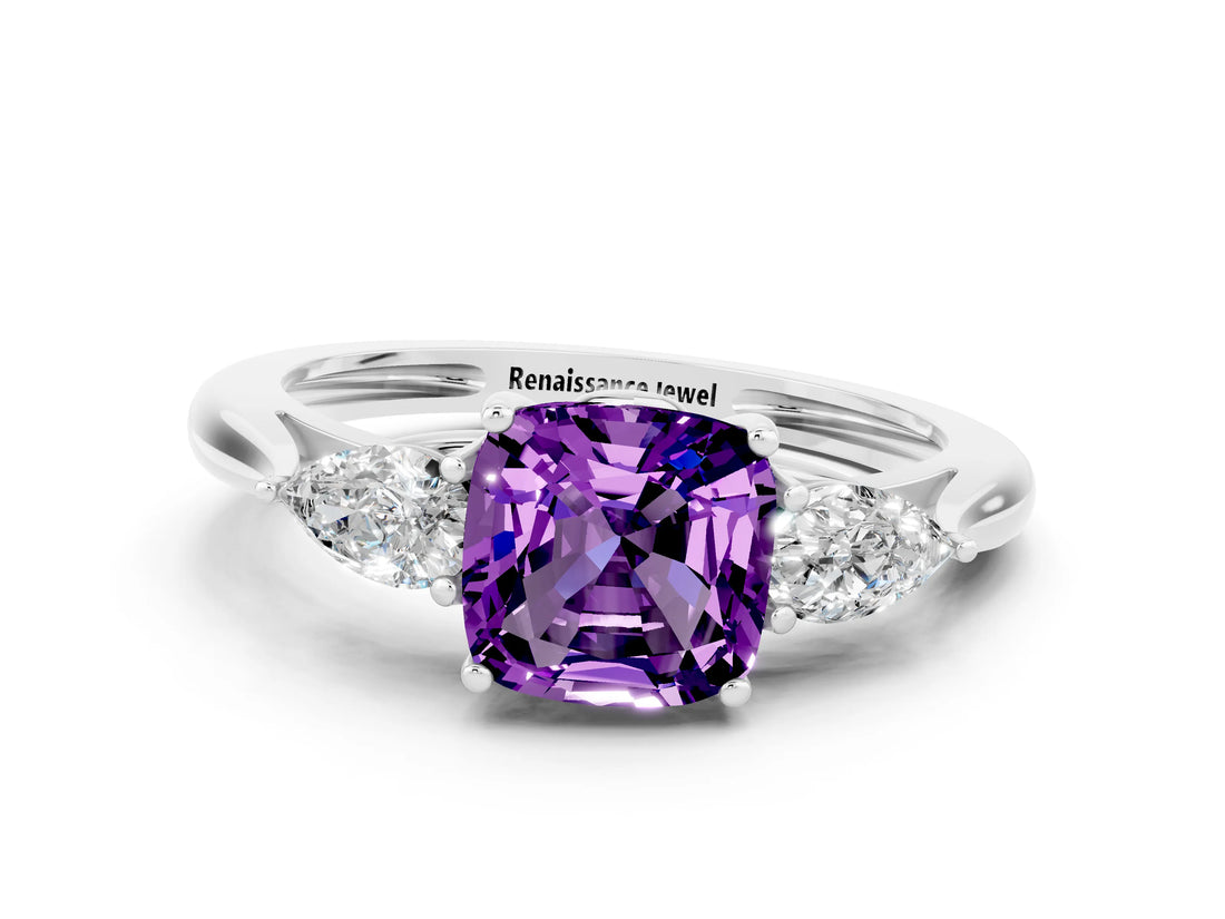 White gold Three-Stone Cushion Cut Amethyst Ring with Pear  Side Stones in Four-Prong Setting_48