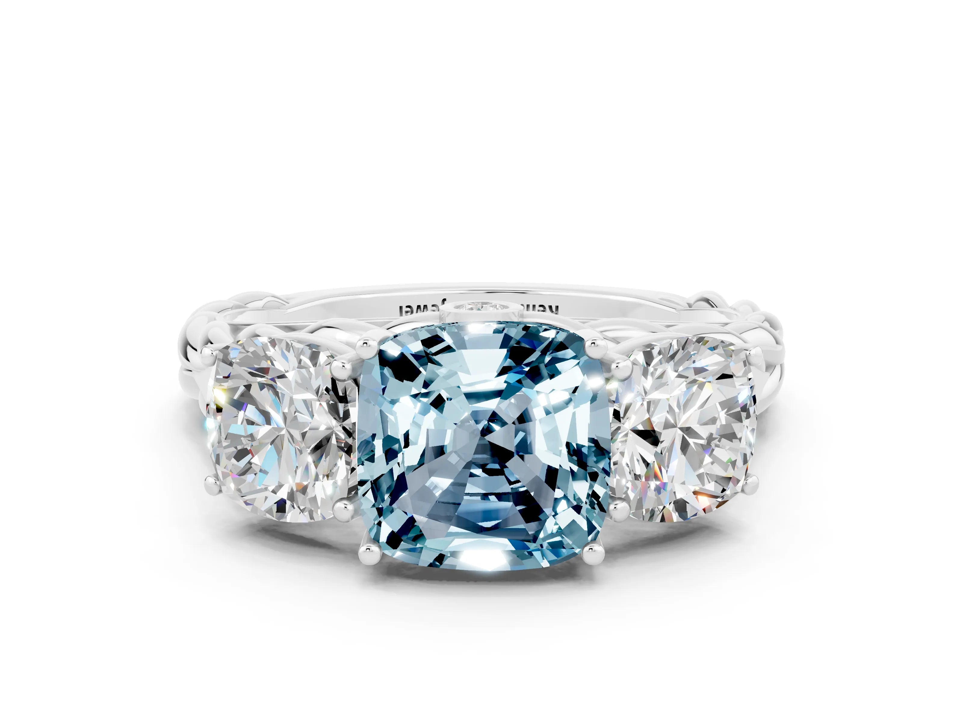 White gold Three-Stone Cushion Cut Aquamarine Braided Band Ring with Four-Prong Setting_45