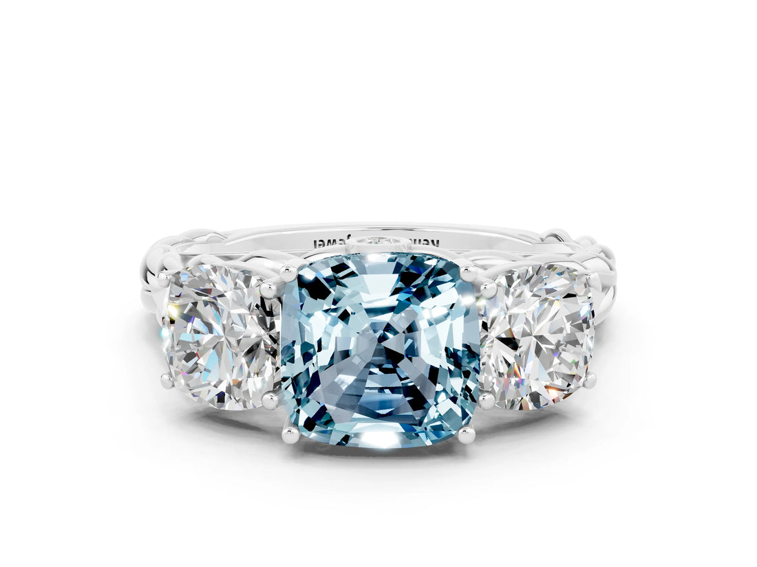 White gold Three-Stone Cushion Cut Aquamarine Braided Band Ring with Four-Prong Setting_48
