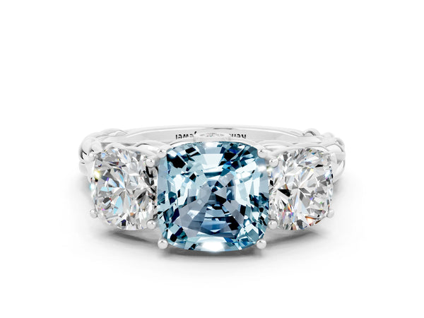 Platinum Three-Stone Cushion Cut Aquamarine Braided Band Ring with Four-Prong Setting