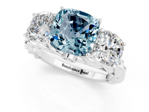 White gold Three-Stone Cushion Cut Aquamarine Braided Band Ring with Four-Prong Setting_49
