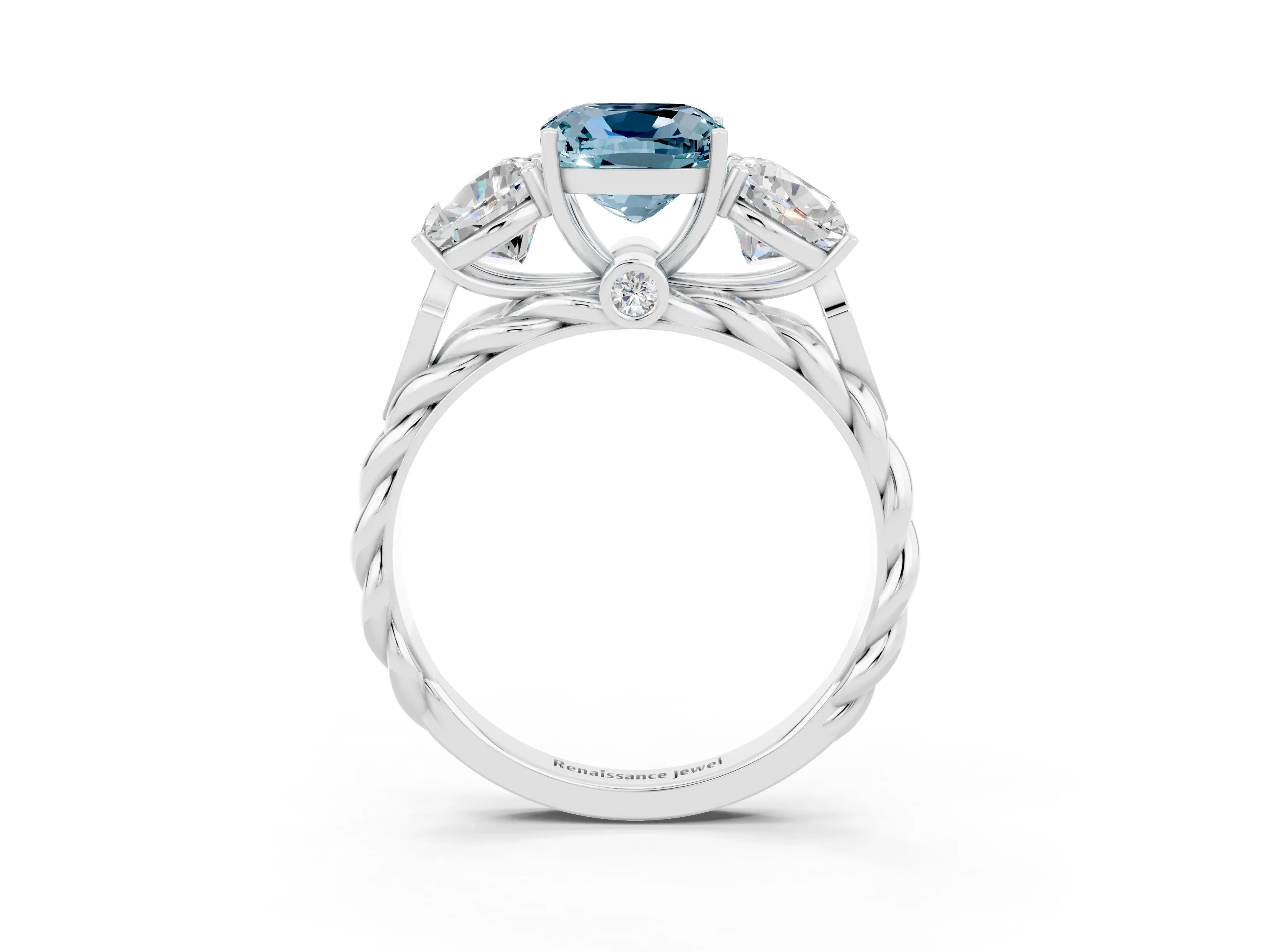 White gold Three-Stone Cushion Cut Aquamarine Braided Band Ring with Four-Prong Setting_51