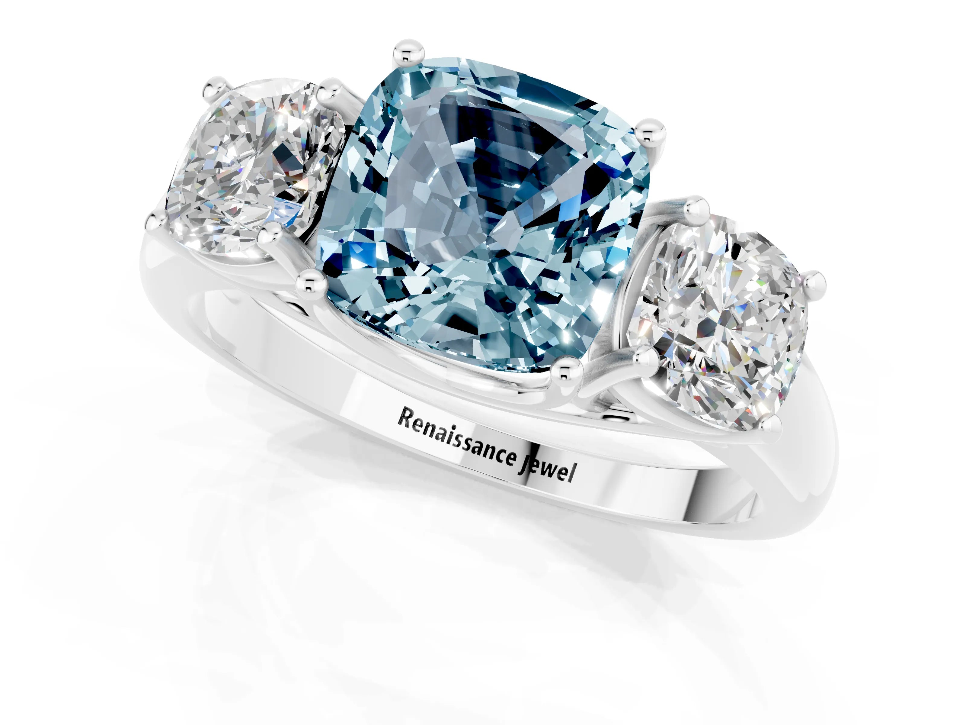 White gold Three-Stone Cushion Cut Aquamarine Engagement Ring with Prong Setting_1