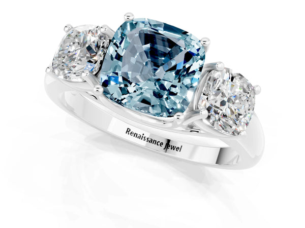 White gold Three-Stone Cushion Cut Aquamarine Engagement Ring with Prong Setting