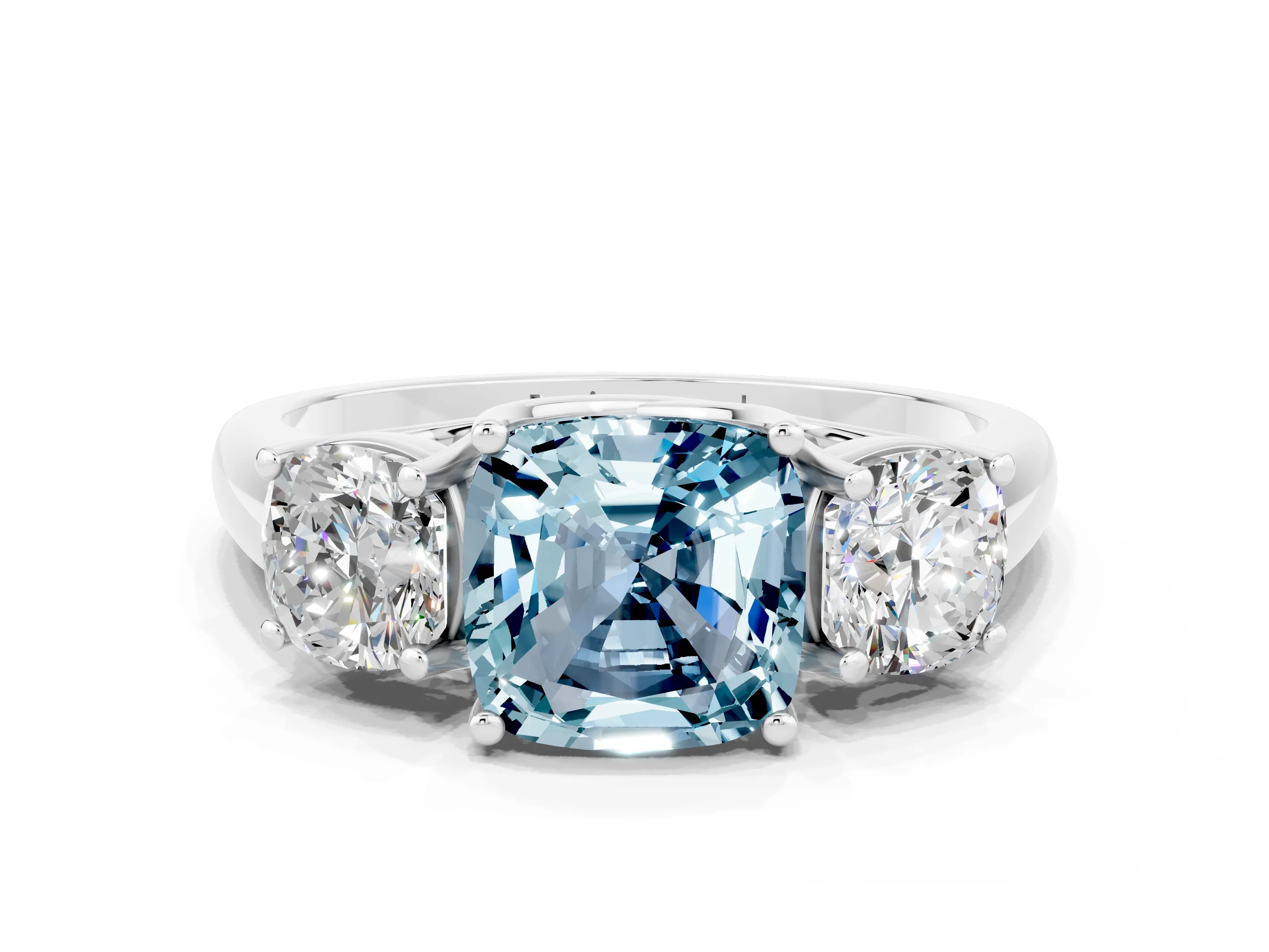 White gold Three-Stone Cushion Cut Aquamarine Engagement Ring with Prong Setting
