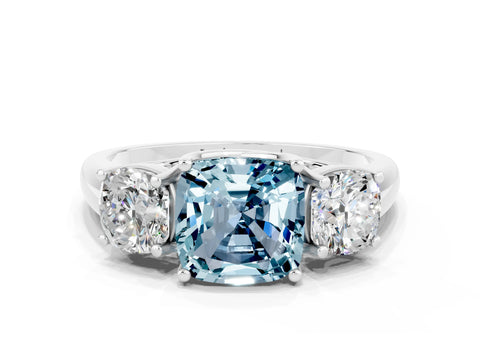 White gold Three-Stone Cushion Cut Aquamarine Engagement Ring with Prong Setting