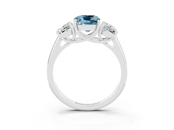 Silver Three-Stone Cushion Cut Aquamarine Engagement Ring with Prong Setting
