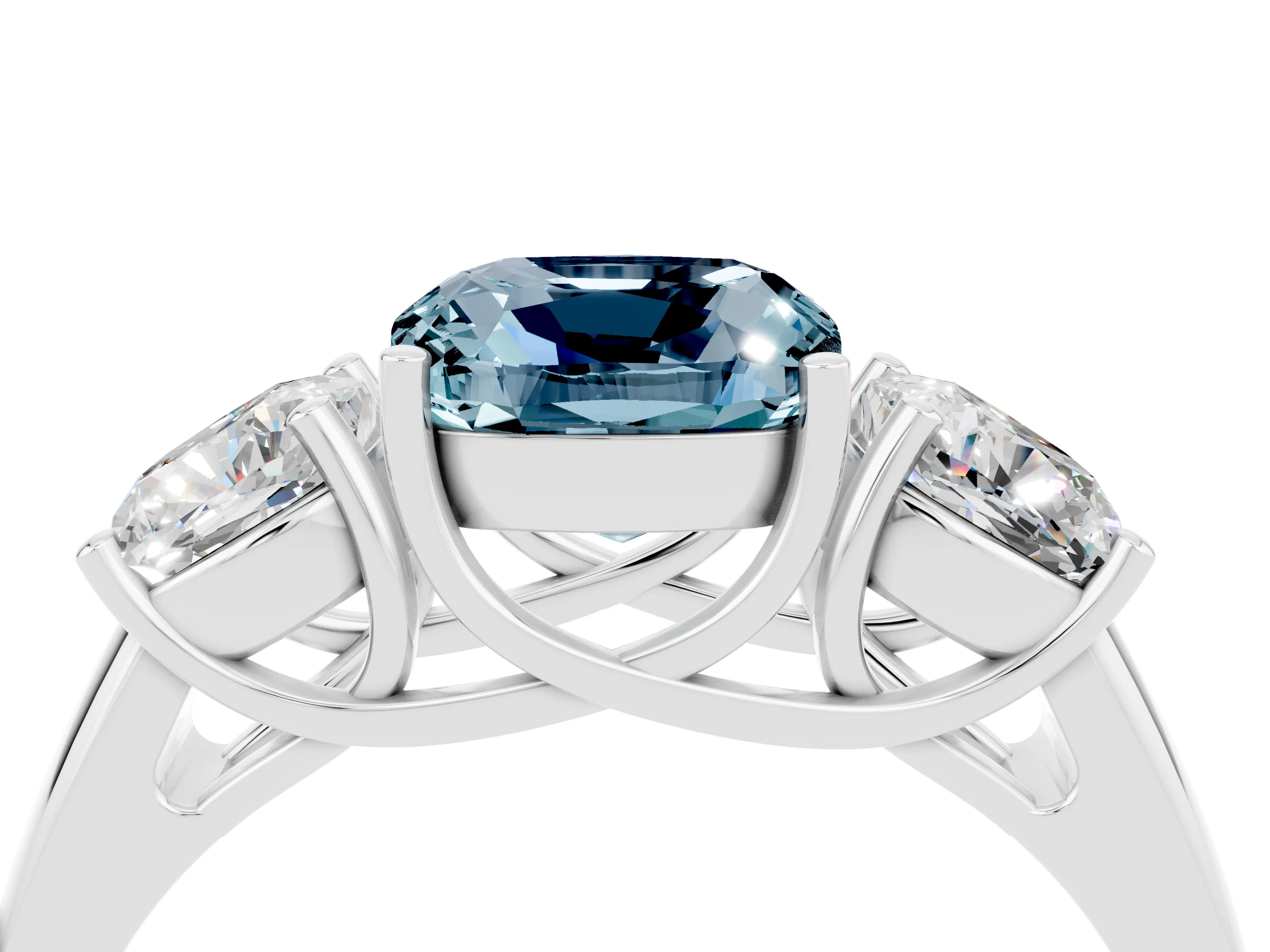 White gold Three-Stone Cushion Cut Aquamarine Engagement Ring with Prong Setting_4