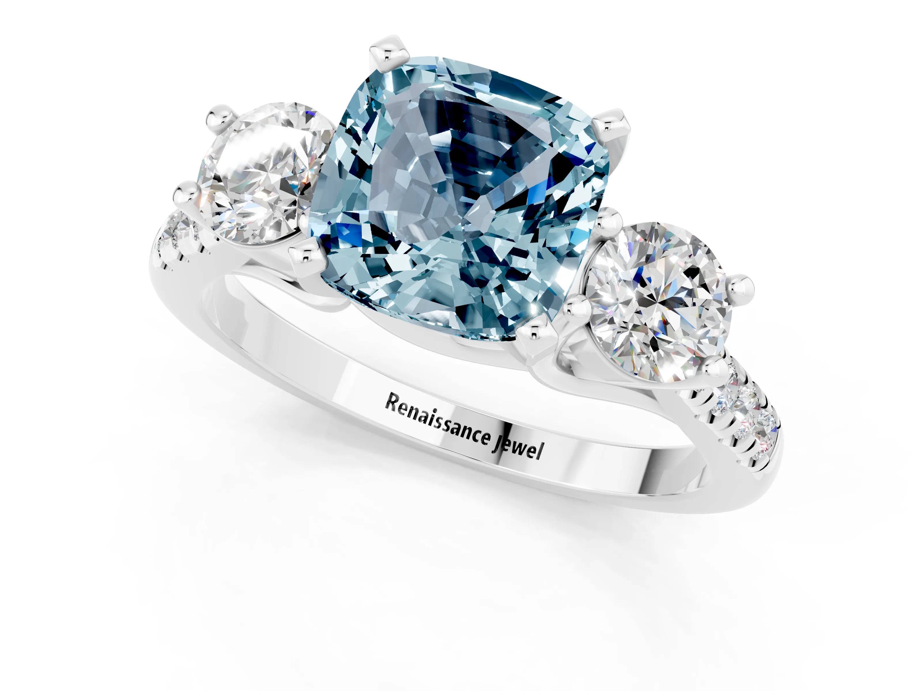 White gold Three-Stone Cushion Cut Aquamarine Pavé Band with Four-Prong Setting_1
