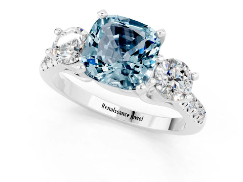 White gold Three-Stone Cushion Cut Aquamarine Pavé Band with Four-Prong Setting_1
