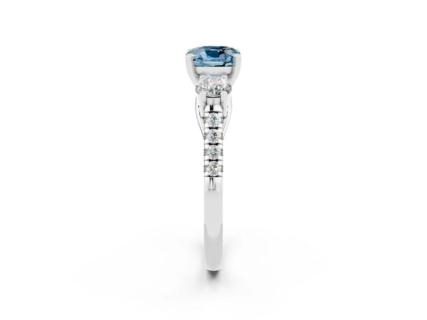 Platinum Three-Stone Cushion Cut Aquamarine Pavé Band with Four-Prong Setting