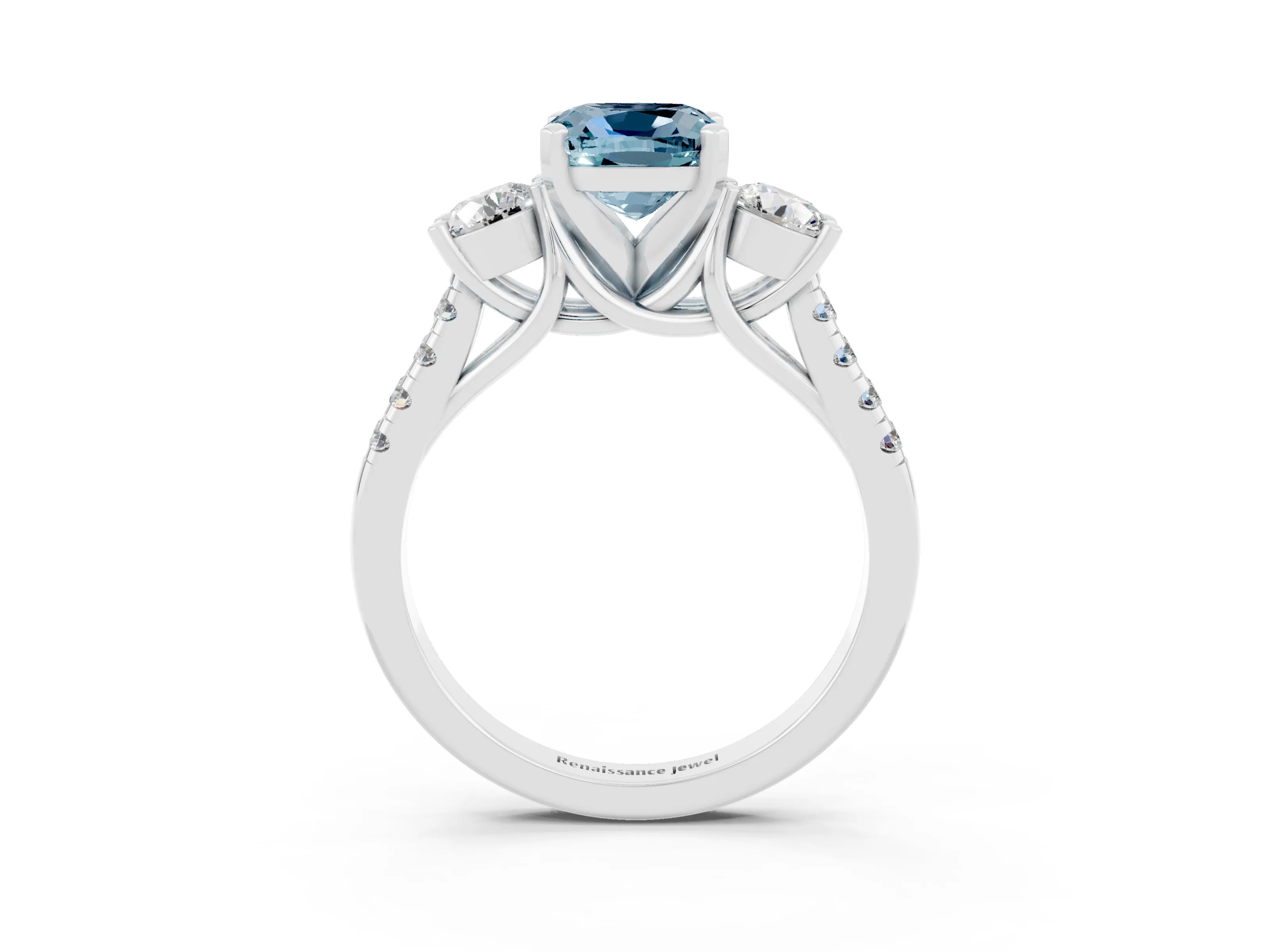White gold Three-Stone Cushion Cut Aquamarine Pavé Band with Four-Prong Setting_3