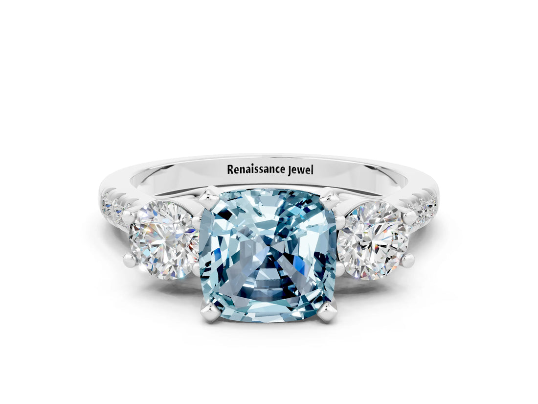 White gold Three-Stone Cushion Cut Aquamarine Pavé Band with Four-Prong Setting