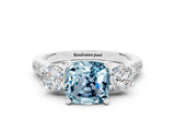 White gold Three-Stone Cushion Cut Aquamarine Pavé Band with Four-Prong Setting