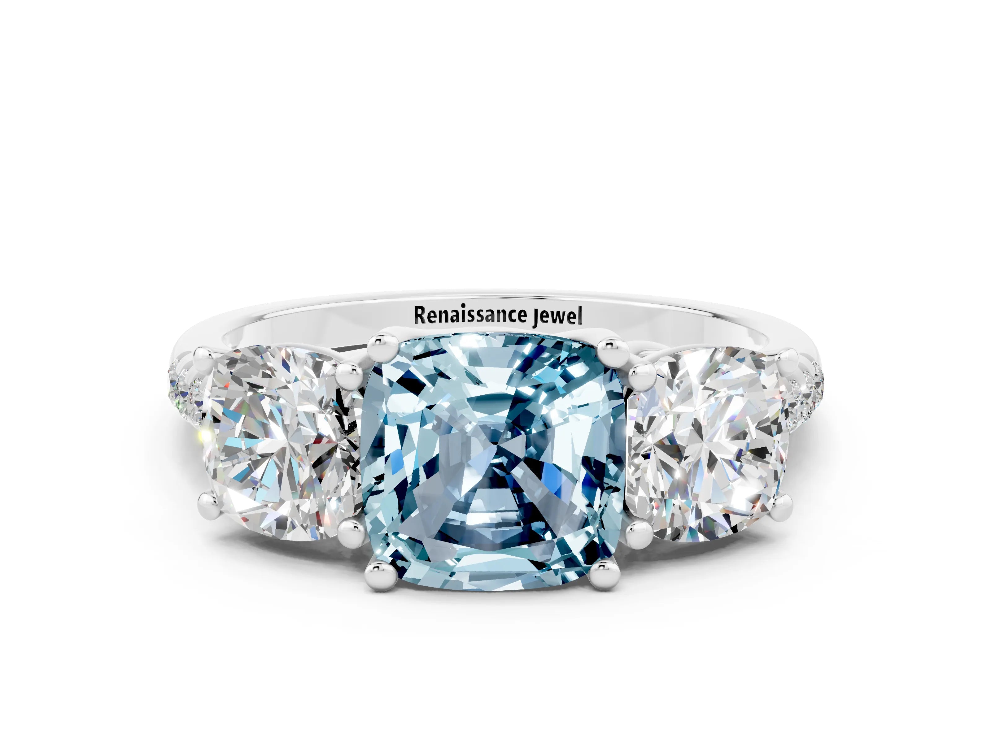 White gold Three-Stone Cushion Cut Aquamarine Ring with Pavé Band and Prong Setting_12