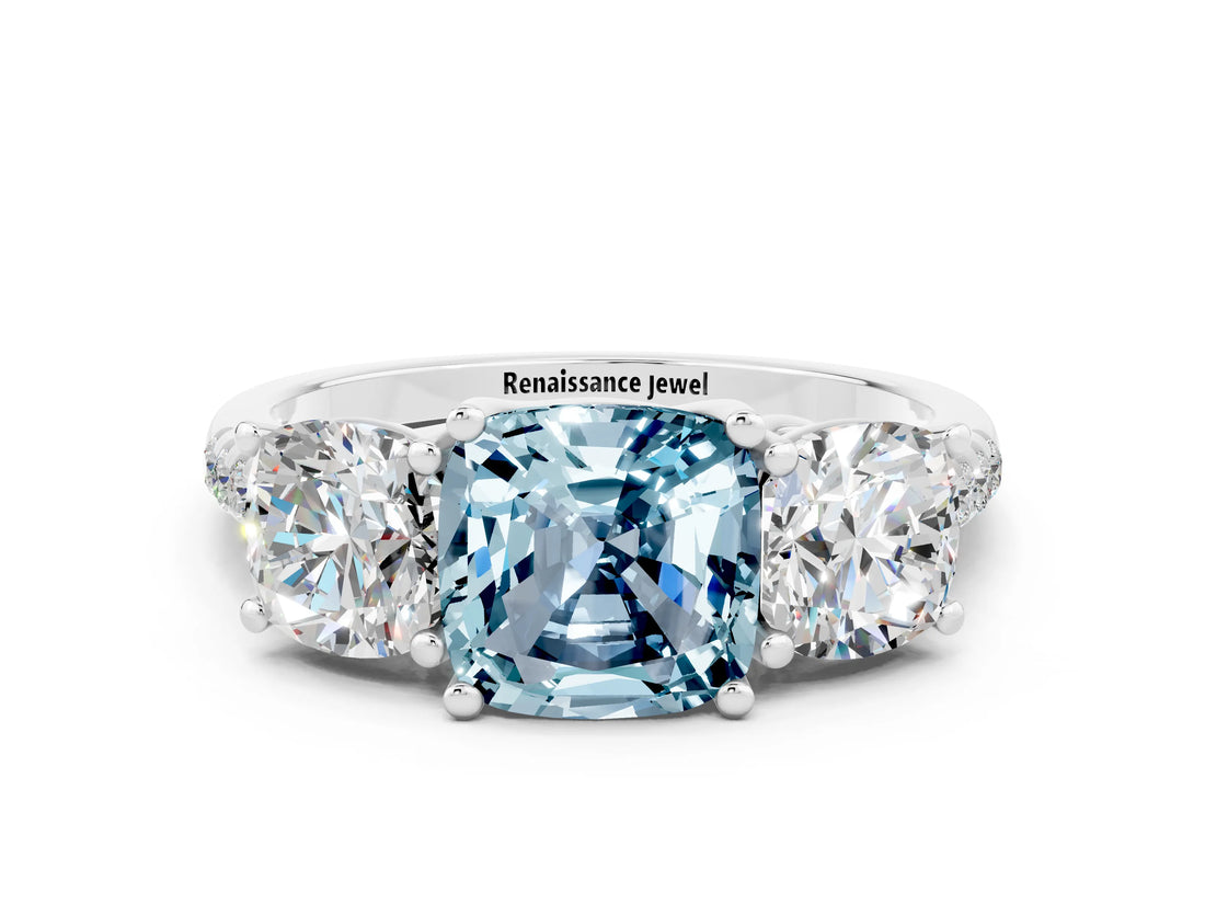 White gold Three-Stone Cushion Cut Aquamarine Ring with Pavé Band and Prong Setting_12