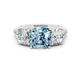 White gold Three-Stone Cushion Cut Aquamarine Ring with Pavé Band and Prong Setting_12