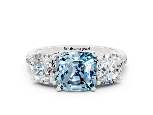 Silver Three-Stone Cushion Cut Aquamarine Ring with Round  Pavé Band and Prong Setting