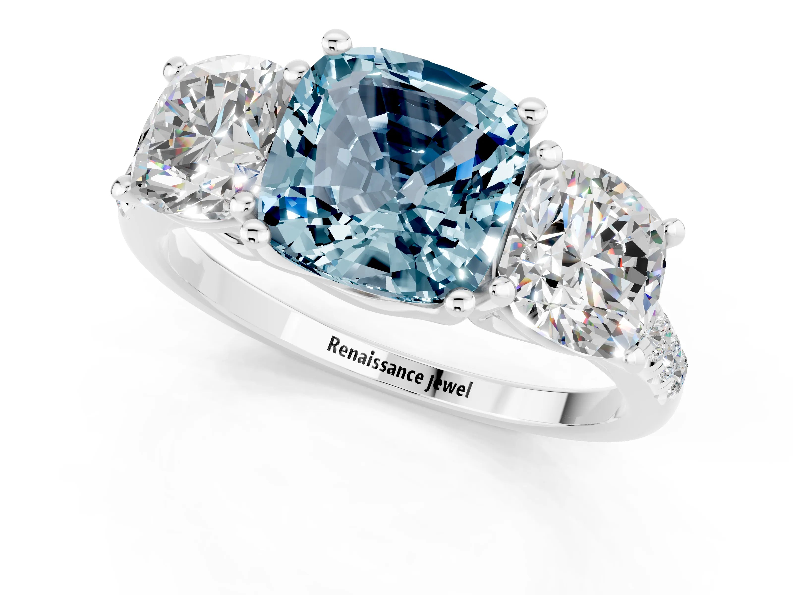 White gold Three-Stone Cushion Cut Aquamarine Ring with Pavé Band and Prong Setting_13
