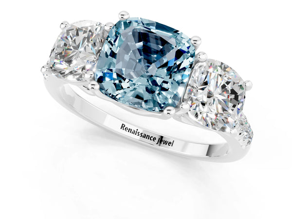 White gold Three-Stone Cushion Cut Aquamarine Ring with Round  Pavé Band and Prong Setting