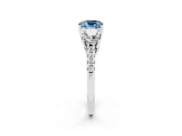 Platinum Three-Stone Cushion Cut Aquamarine Ring with Round  Pavé Band and Prong Setting