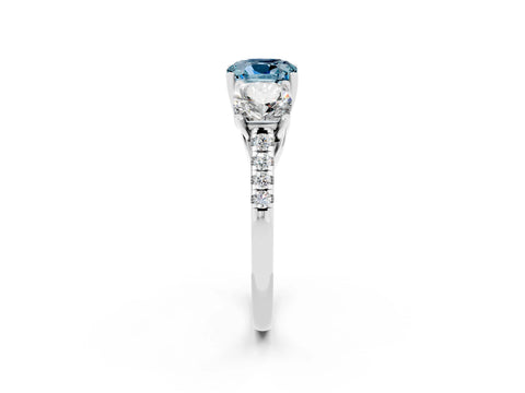 White gold Three-Stone Cushion Cut Aquamarine Ring with Pavé Band and Prong Setting_14