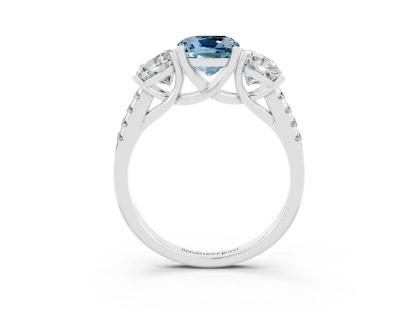 Silver Three-Stone Cushion Cut Aquamarine Ring with Round  Pavé Band and Prong Setting
