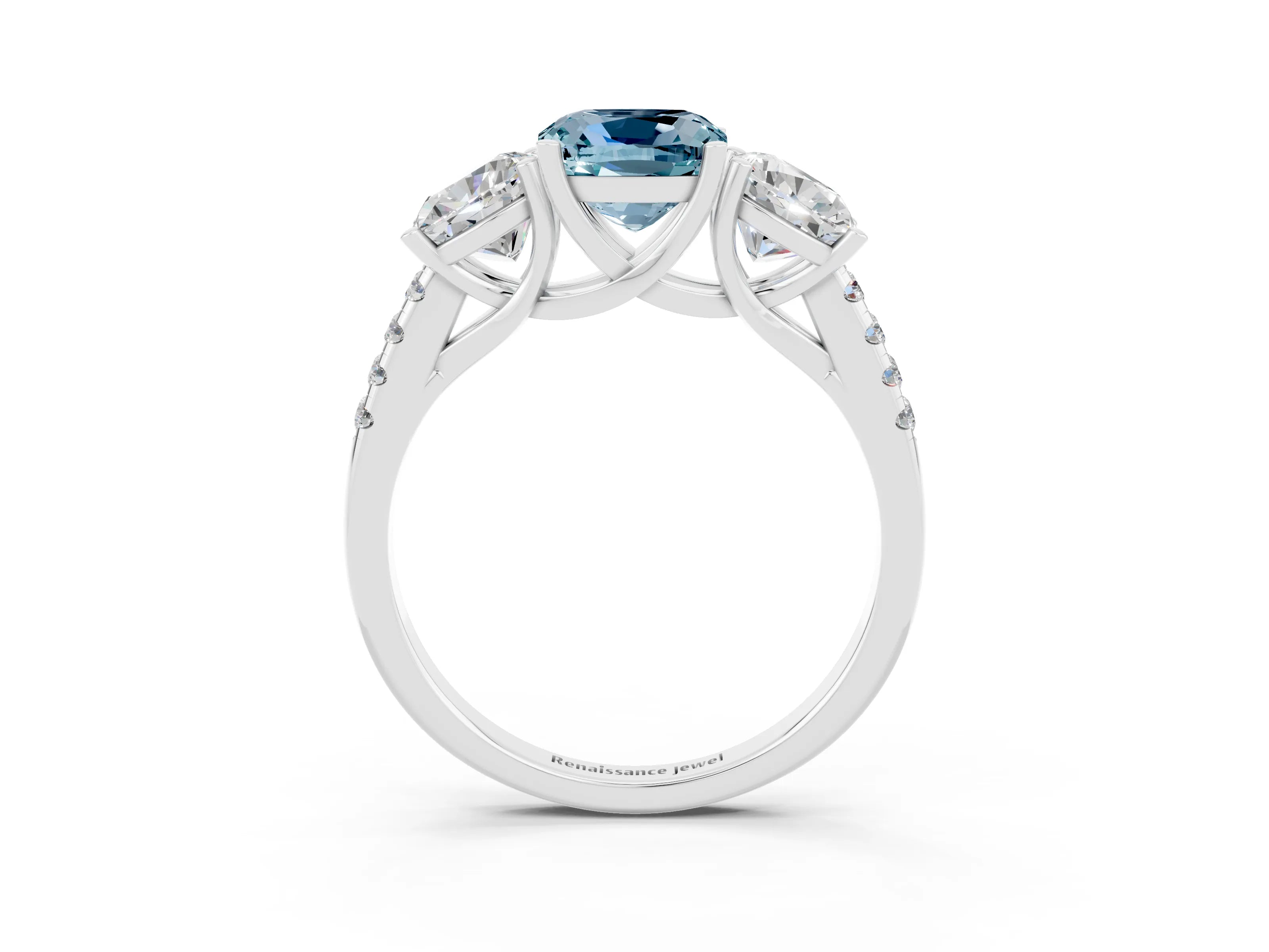 White gold Three-Stone Cushion Cut Aquamarine Ring with Pavé Band and Prong Setting_15