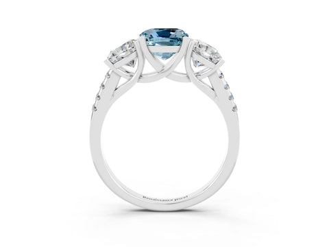 White gold Three-Stone Cushion Cut Aquamarine Ring with Pavé Band and Prong Setting_15