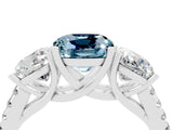 White gold Three-Stone Cushion Cut Aquamarine Ring with Pavé Band and Prong Setting_16