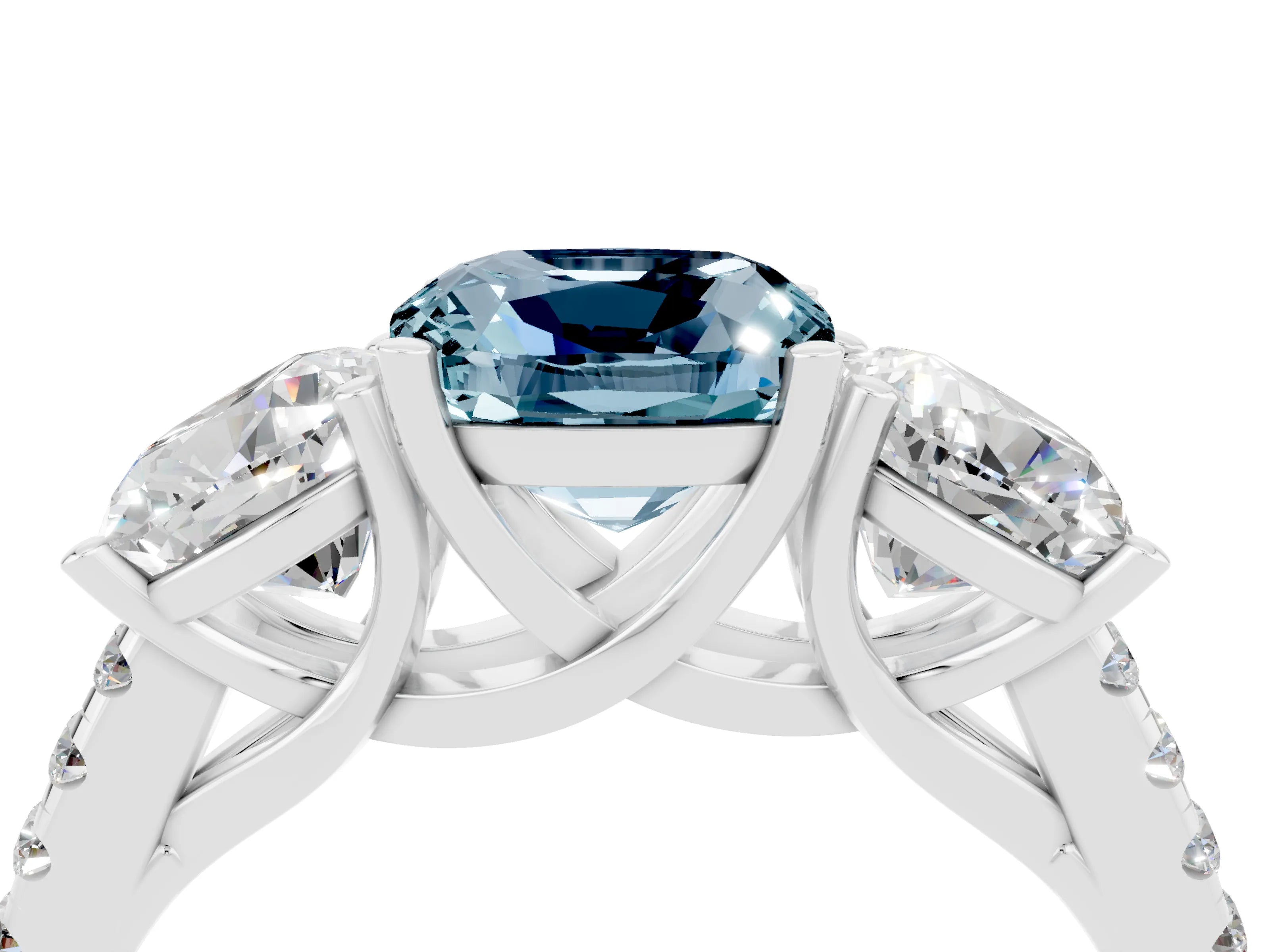 White gold Three-Stone Cushion Cut Aquamarine Ring with Pavé Band and Prong Setting_16