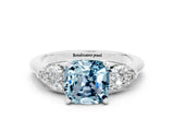 White gold Three-Stone Cushion Cut Aquamarine Ring with Pear Side Stones and Four-Prong Setting