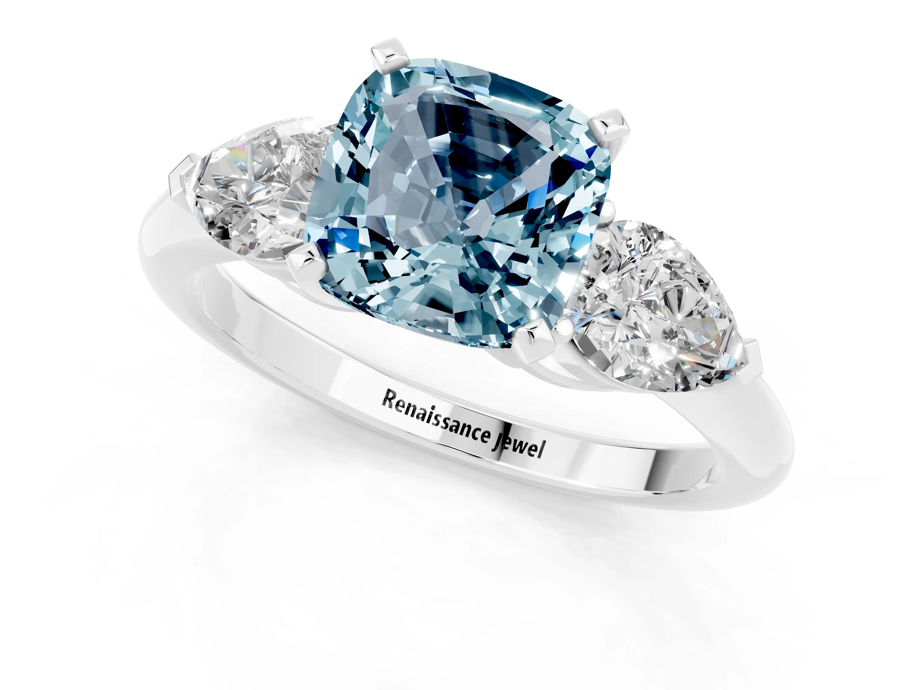 White gold Three-Stone Cushion Cut Aquamarine Ring with Pear Side Stones and Four-Prong Setting_1