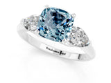 White gold Three-Stone Cushion Cut Aquamarine Ring with Pear Side Stones and Four-Prong Setting_1