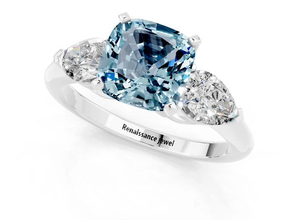 White gold Three-Stone Cushion Cut Aquamarine Ring with Pear Side Stones and Four-Prong Setting