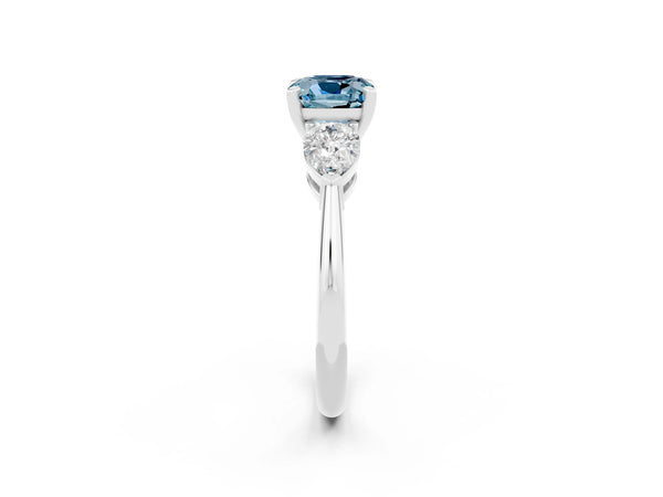 White gold Three-Stone Cushion Cut Aquamarine Ring with Pear Side Stones and Four-Prong Setting