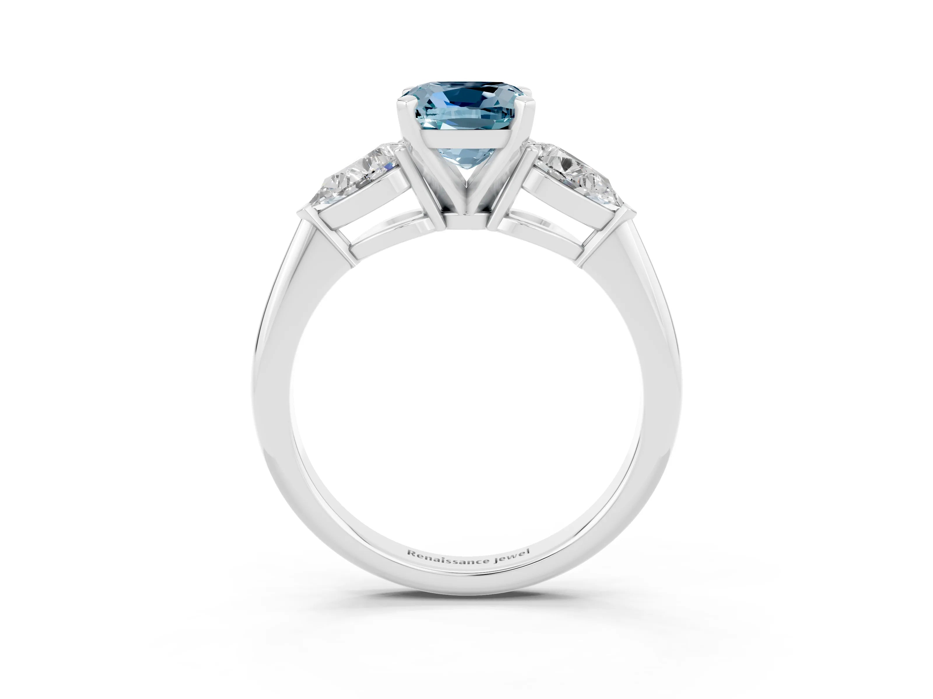 White gold Three-Stone Cushion Cut Aquamarine Ring with Pear Side Stones and Four-Prong Setting_3