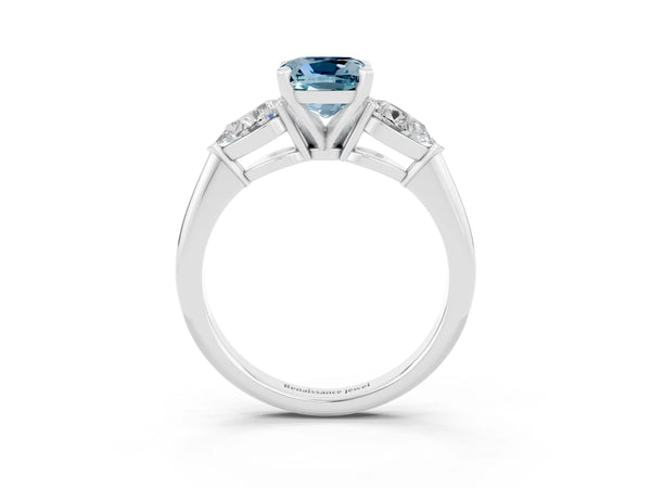 White gold Three-Stone Cushion Cut Aquamarine Ring with Pear Side Stones and Four-Prong Setting