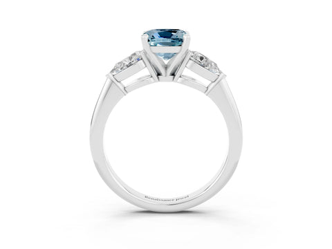 White gold Three-Stone Cushion Cut Aquamarine Ring with Pear Side Stones and Four-Prong Setting_3