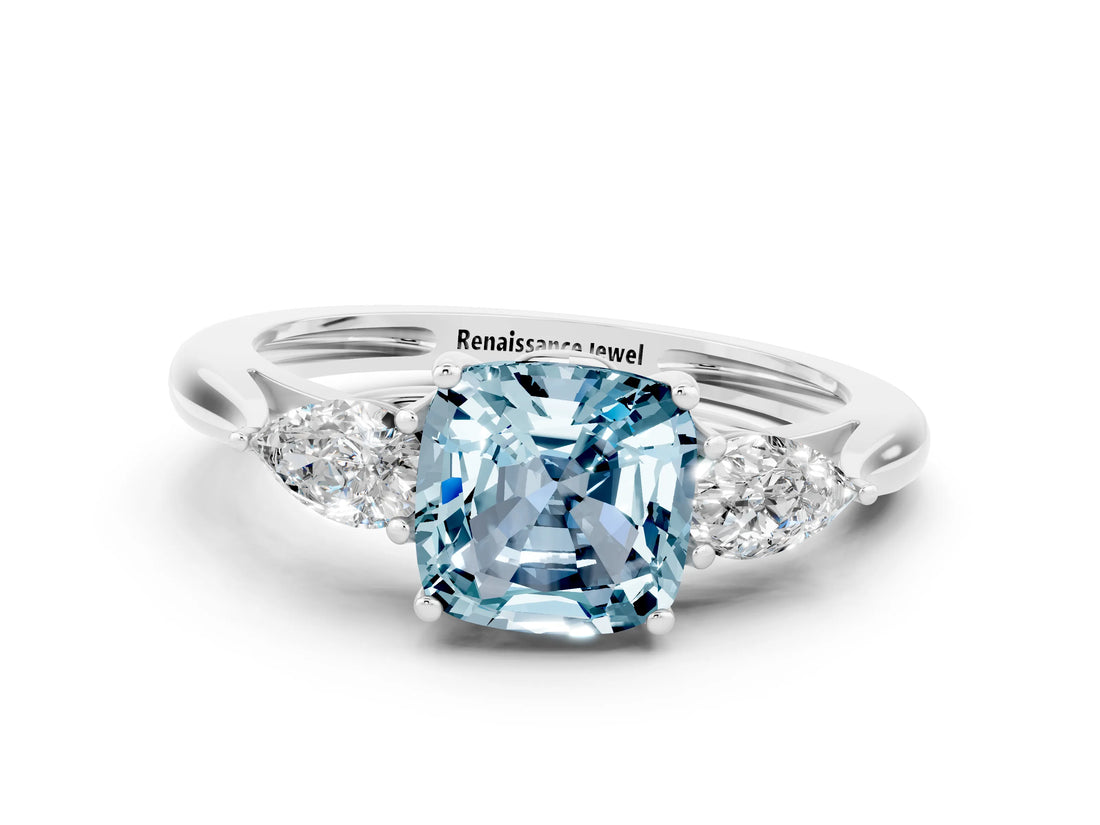 White gold Three-Stone Cushion Cut Aquamarine Ring with Pear  Side Stones in Four-Prong Setting_12