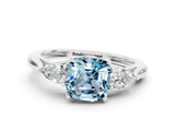 White gold Three-Stone Cushion Cut Aquamarine Ring with Pear  Side Stones in Four-Prong Setting_12