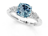 White gold Three-Stone Cushion Cut Aquamarine Ring with Pear  Side Stones in Four-Prong Setting_13